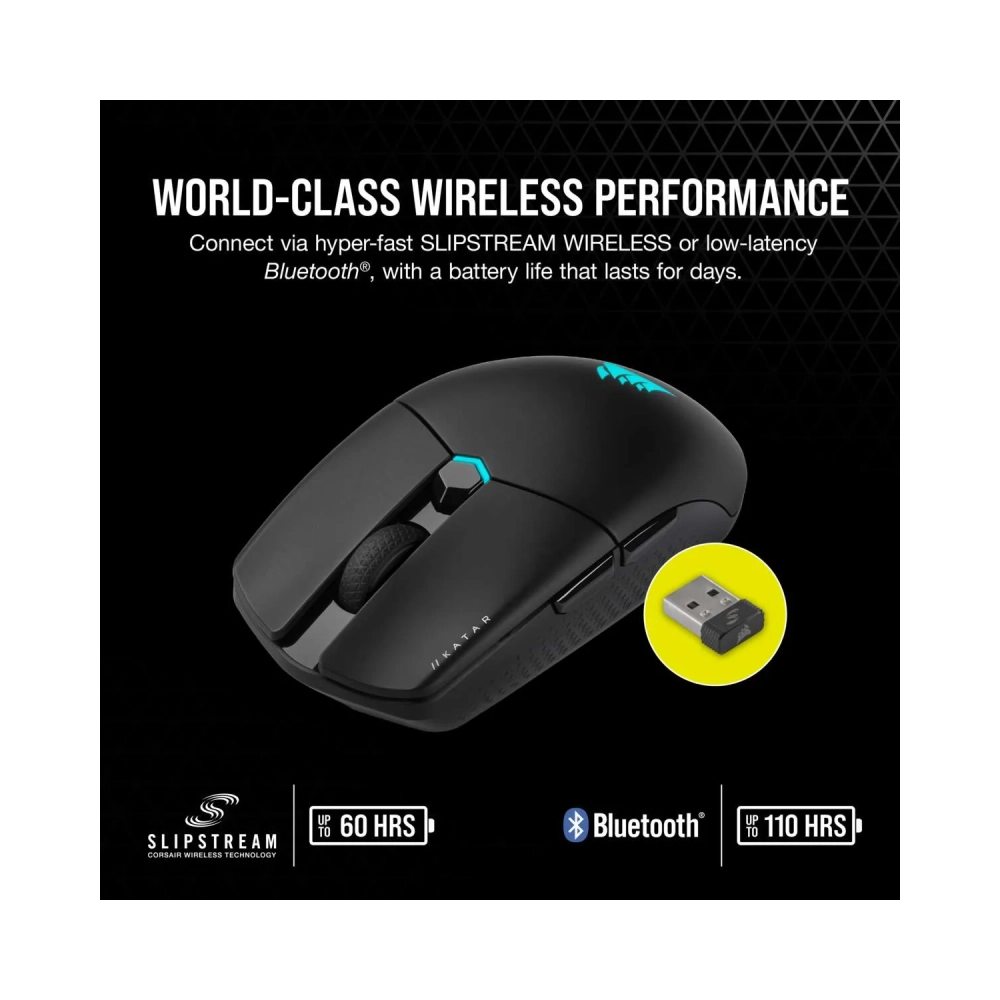 corsair katar elite wireles optical rf wireless bluetooth usb type a 26000 dpi black