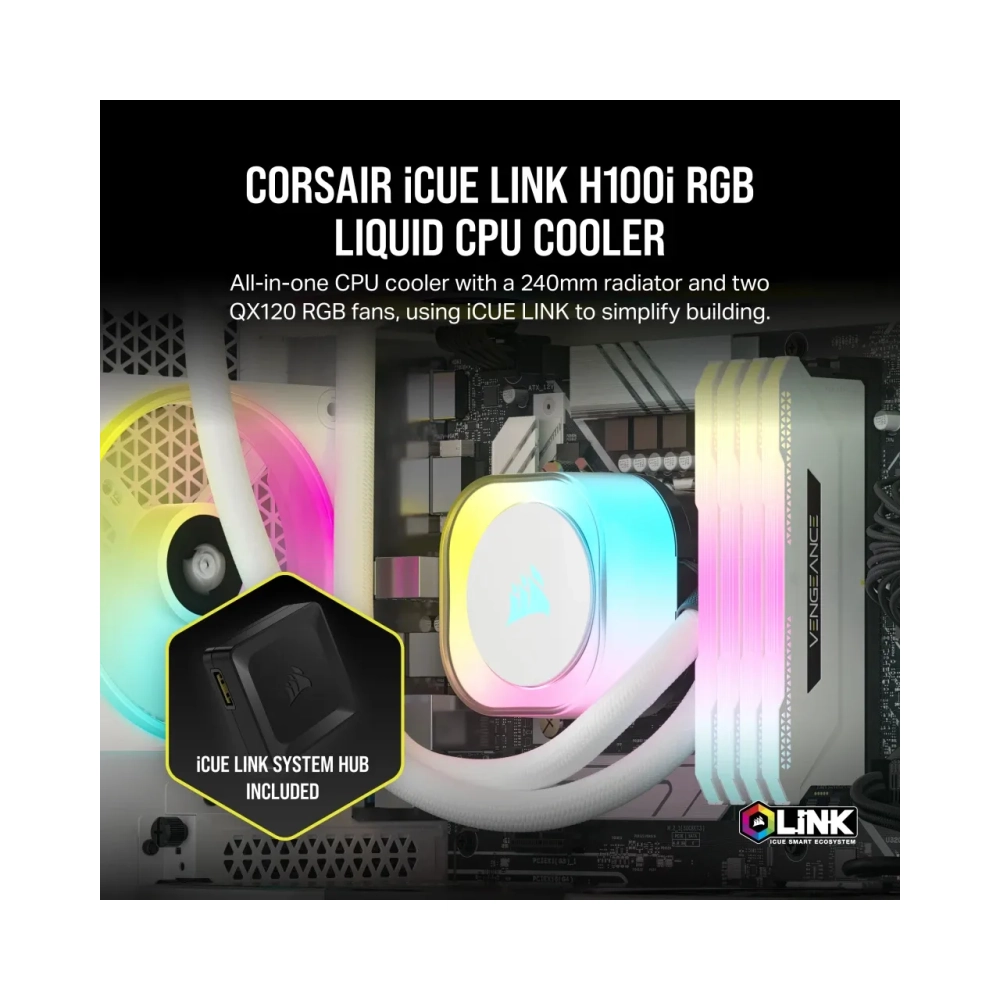 corsair h100i hybrid cooler 12 cm 480 rpm 2400 rpm 631 cfm white