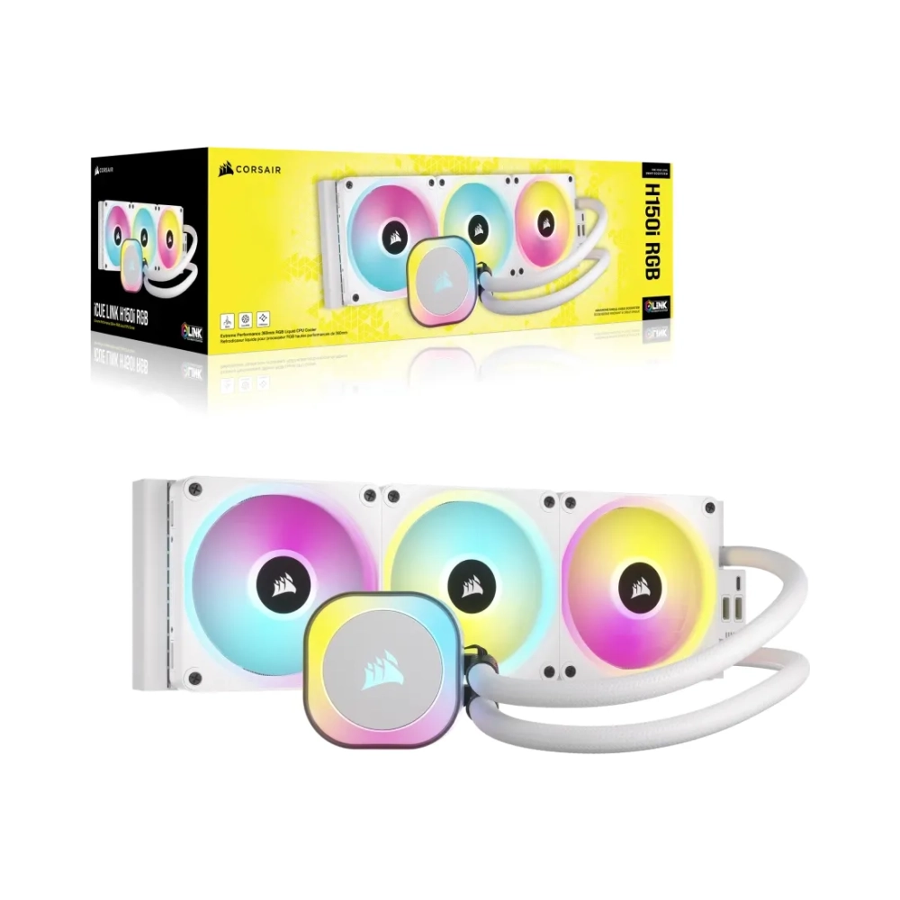 corsair icue link h150i rgb liquid cpu cooler qx120 rgb fans white 360mm radiator fits intel lga 1700 amd am5 hub i