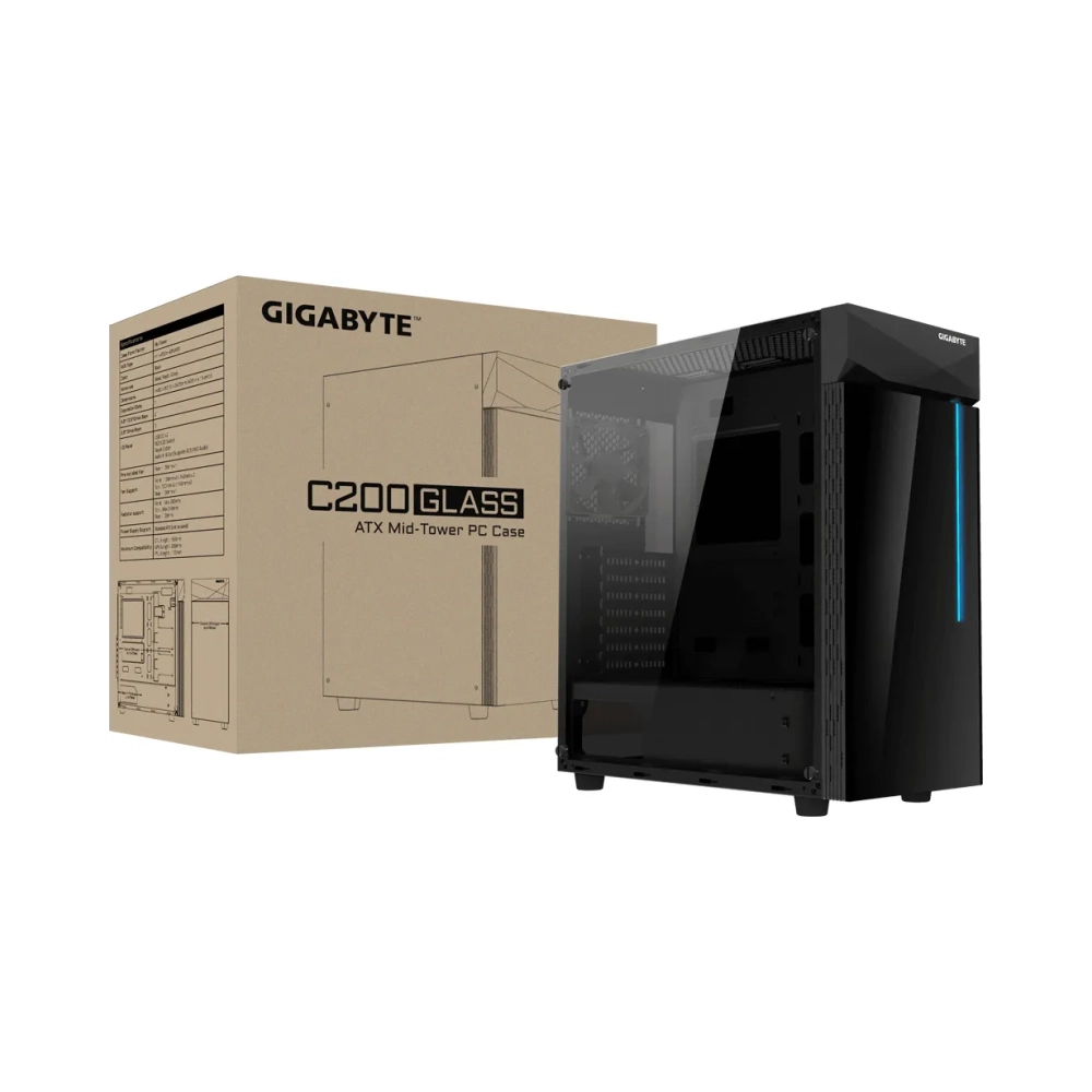 gigabyte c200 midi tower pc glass plastic steel black atx micro atx mini itx 165 cm