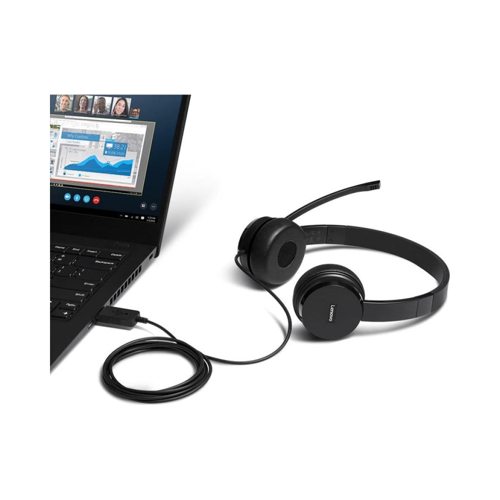 lenovo 100 usb stereo headset 18m noise cancelling mic protein leather memory foam ear cups and