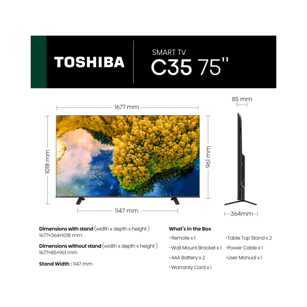 toshiba 75c350mn 75uhdentry 4ksmart tv350nitsvidaa u6hdr 10dolby visionatmos