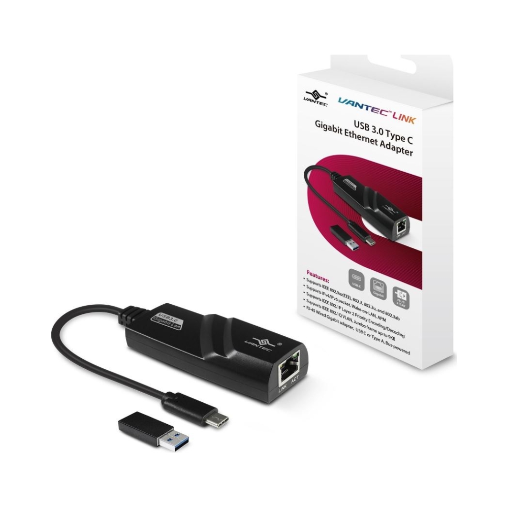 vantec vlink cb cu310gna usb c to rj45 gigabit ethernet adapter with usb type c to type a converter