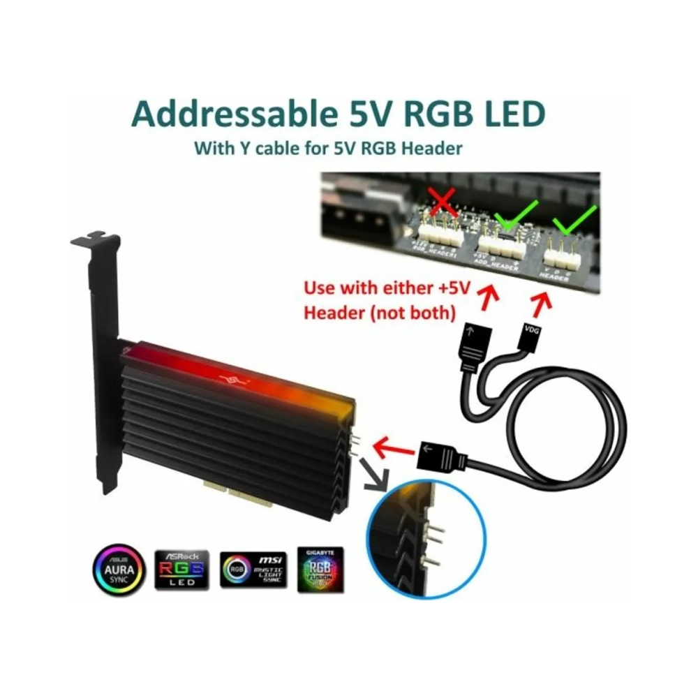 vantec 1x m2 nvme ssd pcie x4 adapter with argb aluminium heatsink addressable led rgb lighting