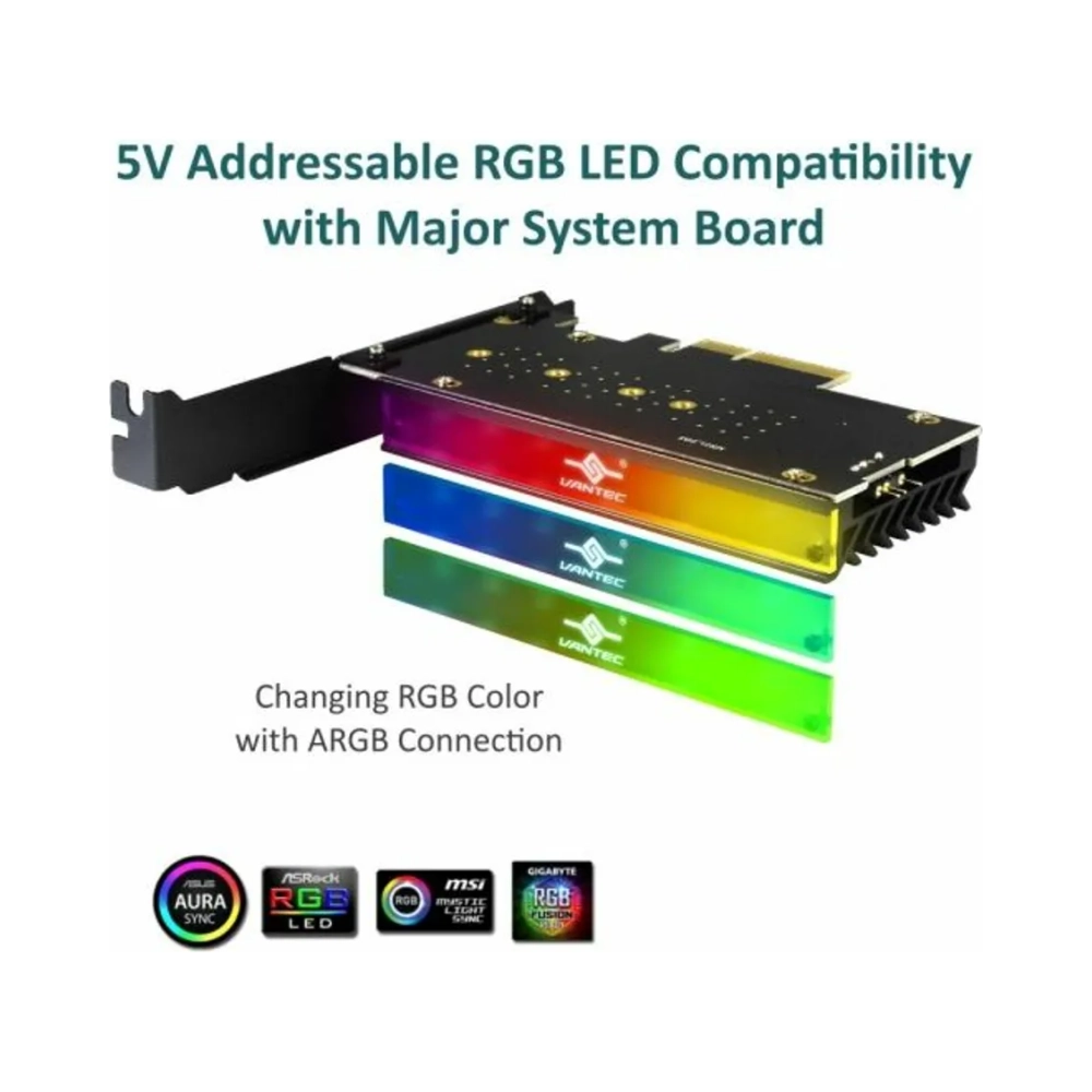 vantec 1x m2 nvme ssd pcie x4 adapter with argb aluminium heatsink addressable led rgb lighting