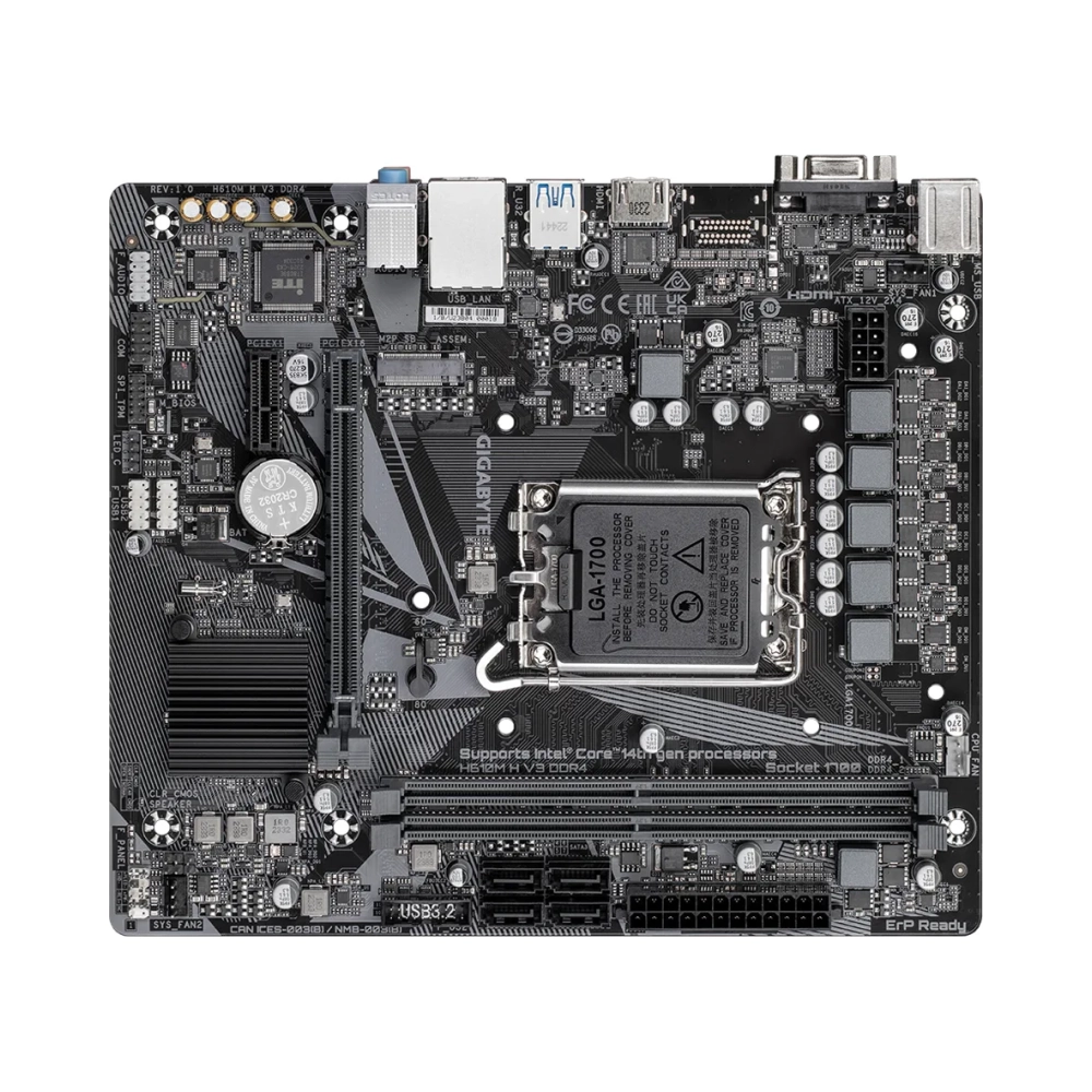 gigabyte h610m h v3 ddr4 motherboard supports intel core 14th cpus 411 hybrid phases digital vrm up to 3200mhz ddr4 1xpcie 30 m2 gbe lan usb 32 gen 1 intel lga 1700 intel celeron intel core i3 intel core i5 intel core i7 intel core i9 lga 1700 ddr4 sdram 64 gb