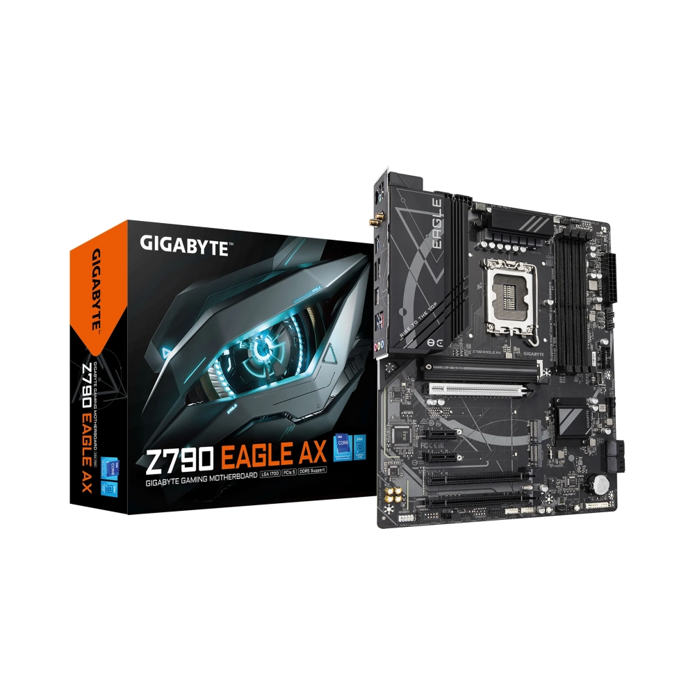 gigabyte z790 eagle ax motherboard supports intel core 14th gen cpus 121phases digital vrm up to 7600mhz ddr5 oc 3xpcie 40 m2 wi fi 6e 25gbe lan usb 32 gen 2 intel lga 1700 intel celeron intel core i3 intel core i5 intel core i7 intel core i9 lga 1700 192 gb ddr5 sdram