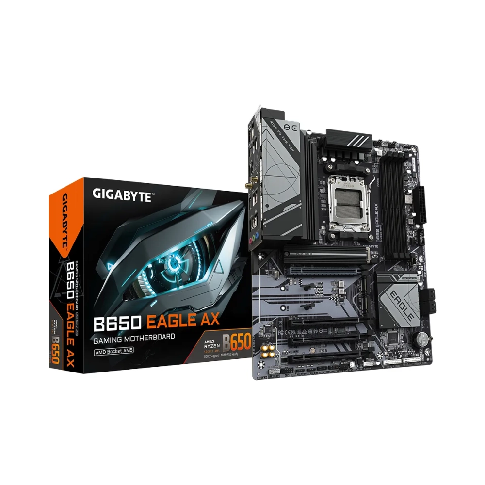 gigabyte b650 eagle ax motherboard supports amd ryzen 7000 cpus 1222 phases digital vrm up to 7600mhz ddr5 oc 1xpcie 50 2xpcie 40 m2 wi fi 6e 80211ax gbe lan usb 32 gen2 amd socket am5 amd ryzen 5 amd ryzen 7 7th gen amd ryzen 9 7th gen socket am5 192 gb ddr5 sdram